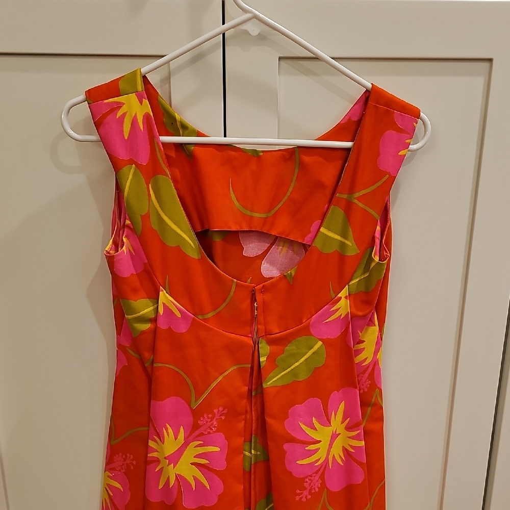 Vintage Halihini Hawaiian Sleeveless Orange Floral Maxi Dress Pink Blooms Sz 10 - Picture 7 of 9